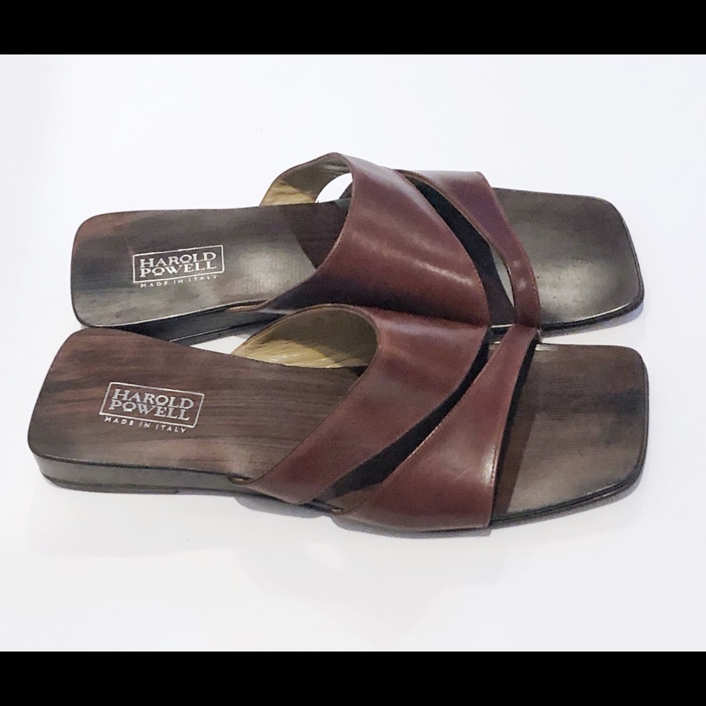 Harold Powell Brown Leather Sandals Wood Sole 8B